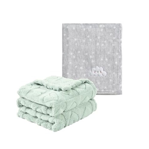 CREVENT 2Pcs 30''X40'' Cute Cozy Fluffy Warm Baby Blankets for Infants Toddlers' Bedding Crib Cot Stroller - Grey Cloud + Green Sherpa
