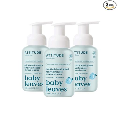 ATTITUDE 2-in-1 Hair and Body Foaming Baby Wash, EWG Verified Shampoo Soap, Dermatologically Tested, Made with Naturally Derived Ingredients, Vegan, Good Night, 10 Fl Oz (Pack of 3)