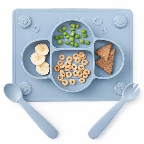 ROCCED Suction Plates for Baby placemat Spoon Fork Set for Toddlers, Silicone Baby Plates with Suction Baby Dishes for Kids Plates-Dusty blue