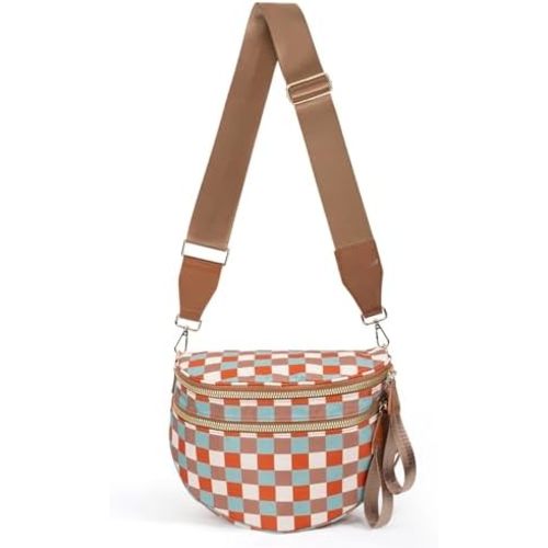 Checkered Crossbody Bag Nylon Bum Bags for Women Spacious Handbags Checkered Purse Fanny Packs with Shoulder Strap