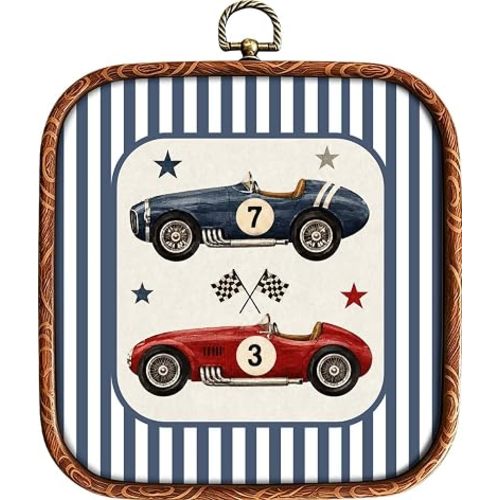 XiZoDinia Vintage Race Car Nursery Wall Art, Retro Boys Room Square Framed Canvas Prints, Classic Striped Wall Hanging Decor, Great Present for Kids Playroom Bedroom, 7.1 x 7.9 Inches (Race Car)