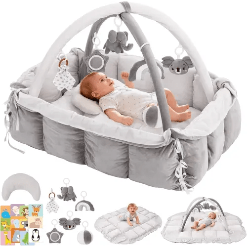 5-in-1 Baby Play Gym and Tummy Time Mat, Tummy Time Pillow & 12 Learning Cards, Plush Activity Mat with 6 Toys, Baby Gym, Convertible to Ball Pit, Baby Gift, Grey