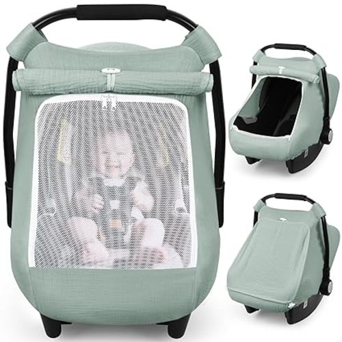 Rquite Baby Car Seat Cover, Muslin Infant Carseat Canopy with Mesh Window