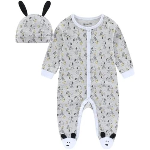 Peanuts Snoopy Boys Coverall Footed Romper and Hat Set for Newborn and Infants