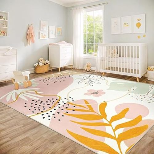 Capslpad Area Rugs 8x10, Washable Nursery Rug, Low Pile Soft Non-Shedding Playroom Carpet, Botanical Print Pink Rugs for Bedroom, Classroom, Living Room