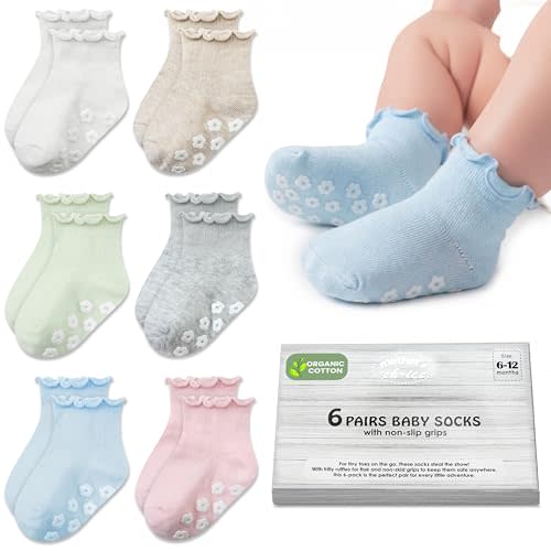 Mother's Choice Organic Cotton Ruffle Baby Socks 6 Pairs Non Slip Socks For 6M To 5Y Toddlers With Soft Fabric For Daily Use