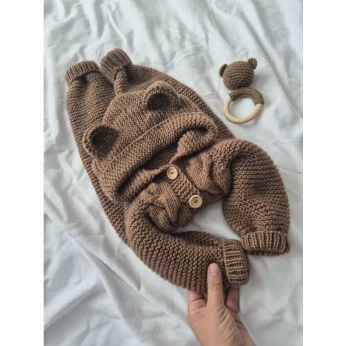 Hooded Bear Overall • Knit Wool Bear Outfit • Handmade Baby Shower Gift • Minimalistic Infant Jumpsuit • Warm Baby Clothing • Mom-TO-Be Gift