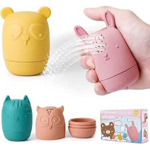 Chuangdi Baby Bath Toys for Toddlers 1-3, 4 Pack Easy-Clean Mould-Resistant Silicone Squirt Toys, Dishwasher-Safe Animal Bathtub Toys for Infants 18 Months+