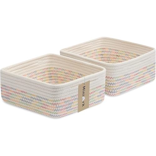 MiniArk Small Square Shallow Baskets for Organizing, 9.7x9.7x4.3 Inch Rope Woven Storage Bins for Cubes Closet, Shelves Storage, Boho Decorative Basket, 2 Packs Off White Rainbow