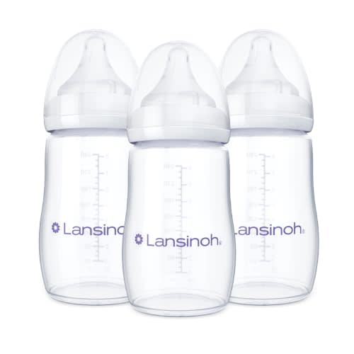 Lansinoh Anti-Colic Baby Bottles, 8 Ounce, 3 Count | Medium Flow Nipples (M), Breastfeeding Bottle with NaturalWave Design, BPA-Free Plastic, Baby Essentials