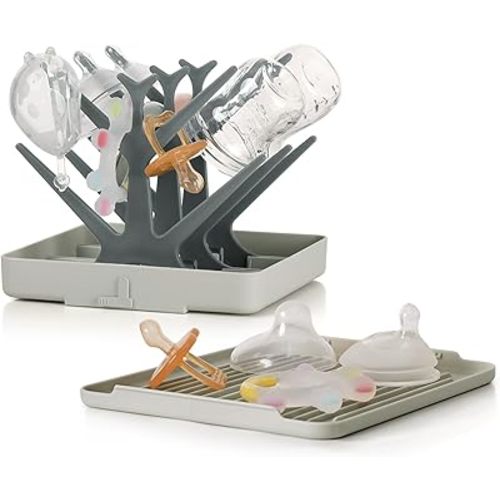 haakaa Portable Baby Bottle Drying Rack with Tray, Space Saving Bottle Drying Tree for Bottles/Pump Parts/Pacifiers,Easy-Store Dryer Rack Great for Home & Travel, BPA Free (Grey)