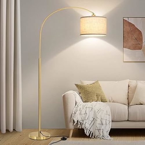 Gold Floor Lamp, Arc Floor Lamp for Living Room with Adjustable Drum Lampshade, Modern Tall Standing Lamp with On/Off Foot Switch, Over Couch Arched Reading Light for Reading, Bedroom, Office