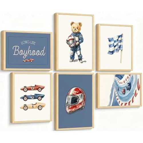 6Pcs Vintage Racing Car Nursery Canvas Wall Art Funny Teddy Bear Posters Print Artwork Retro Sport Boys Room Painting Pictures Wall Decor for Boys Bedroom Playroom Home Decoration 8x10in Unframed