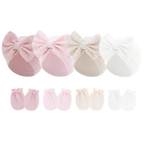 JOTDEW 4 Pcs Newborn Hats Mittens Set Infant Cap Bow Hospital Beanie Preemie Hat for Baby Boy Girl 0-6