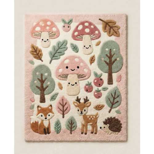 Woodland Nursery Rug | Tufted Forest Animals Play Mat, Pink Sage Cream Carpet 5x7