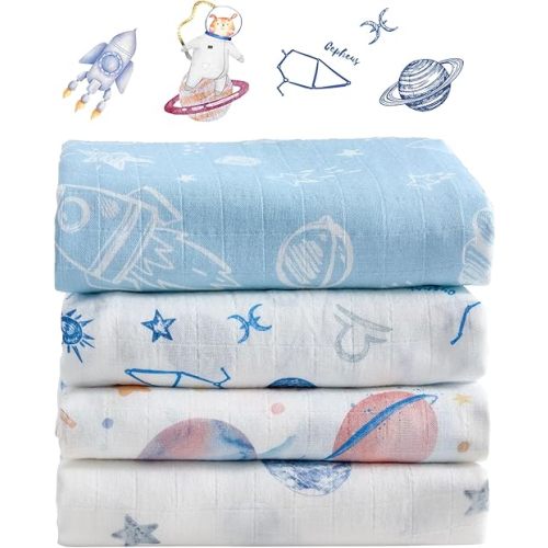 Muslin Swaddle Blankets for Newborn, 4 Pack Large 47"x47" Soft Breathable Bamboo Cotton Baby Blanket, Lightweight Receiving Blanket for Boys and Girls, Little Space Explorer