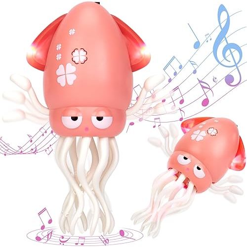 hahaland Dancing Squid Toy - Tummy Time Toys, Crawling Toys, Rechargeable Wiggling Musical Standing Toy, Funny Baby Girl Gifts, Electric Dancing Octopus Christmas Baby Gifts Toddler Stocking Stuffers