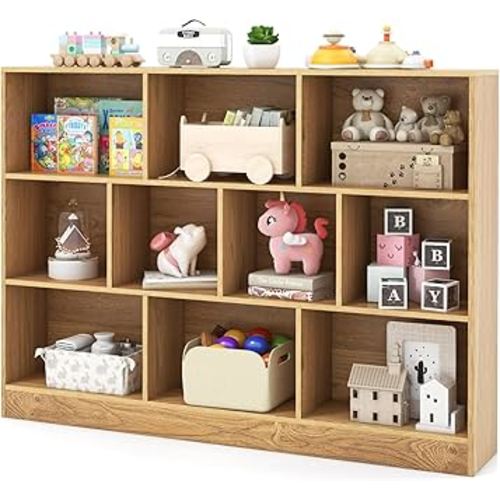 HONEY JOY Kids Toy Storage Organizer, 10-Section Wooden Floor Storage Cabinet, 41” Daycare Toy Chest, 3-Tier Kids Display Bookshelf for Classroom, Playroom & Nursery, Kindergarten (Natural)