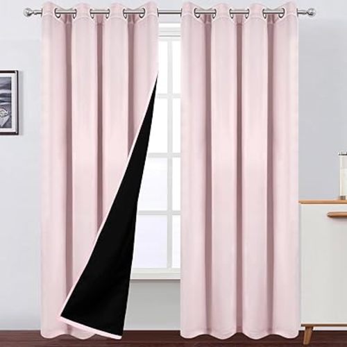 LEMOMO 100% Blackout Curtains 52 x 72 Inches Long Thermal Insulated Baby Pink Curtains with Black Liner Set of 2 Panels for Nursery Room