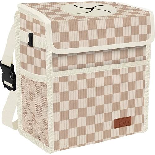Femuar Leak Proof Car Trash Can with Lid, Collapsible Hanging Waterproof Car Trash Bag with Mesh Pocket for SUV Front Seat Headrest, Large/Beige Brown Plaid