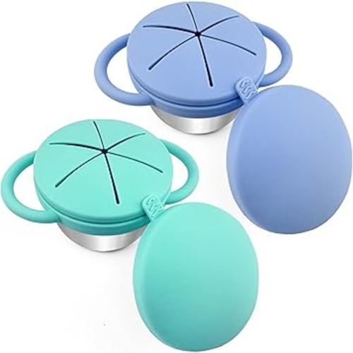 HNGWLYN Stainless Steel Snack Cups for Kids 2 Pack Baby Snack Containers with Removable Spill Proof Silicone Lids Handles Toddler Snack Box Food Catcher