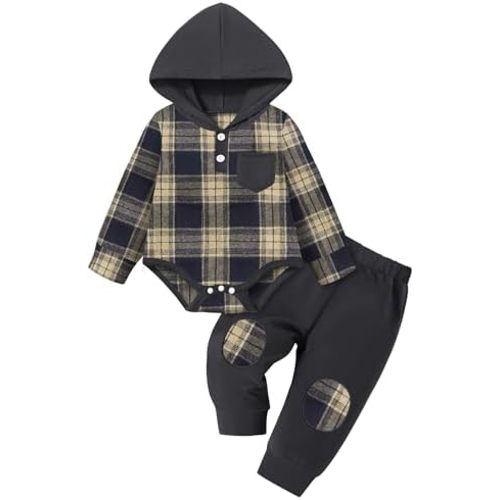 Fommy Baby Boy Clothes Flannel Plaid Outfits Long Sleeve Hoodie Romper Fall Winter 2 Pcs Clothes for Boy