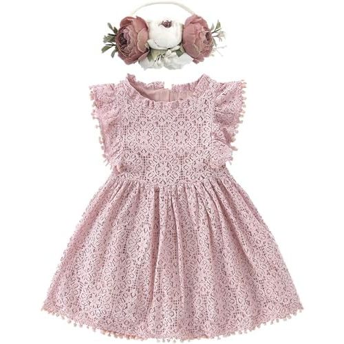 BGFKS Baby Girl Tutu Dress Elegant Lace Pom Pom Flutter Sleeve with Flower Headband Set