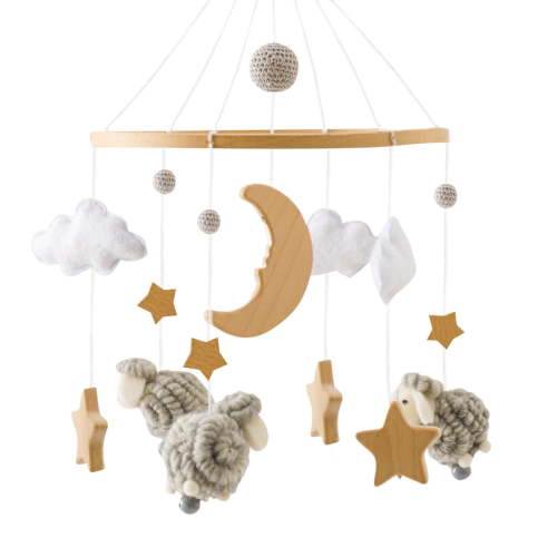 Crib Mobile for Baby Bed, QQZ Handmade Wooden Felt Mobile with Safe Natural Materials, Hanging Wind Chimes Decoration Newborn Gift for Girls Nursery, Gray