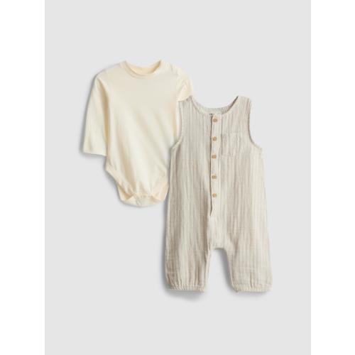 0-18mths | Long-Sleeve Onesie and Stripe Overalls Newborn Set