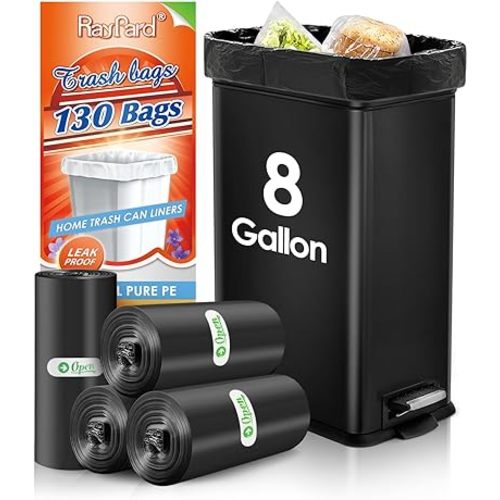 8 Gallon 130 Counts Strong Trash Bags Garbage Bags by RayPard, fit 30 Liter Kitchen Waste Basket, Medium Trash Bags Can Liners for Home Office Kitchen Bathroom Bedroom, Black