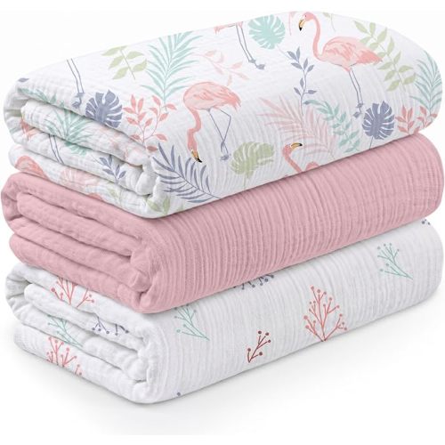 Muslin Swaddle Blankets for Newborn, 3 Pack Breathable Soft Receiving Blanket, Large 38 x 40 inches Swaddle Wrap Burping Clothes, Essentials Infant Shower Items, Toddler Gift (Pink Flamingo)