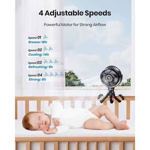 Stroller Fan, 4000mAh Portable Battery Operated Smal Clip on Fan, 4 Speed Rechargeable Mini Personal Cooling, Travel for Baby Car Seat Crib(Black)