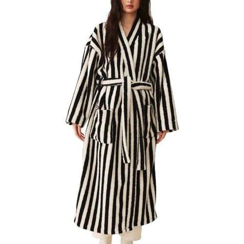 Arssm Womens Striped Fluffy Robe Long Plush Bathrobes Fuzzy Warm Cozy Thick Oversized Loungewear Maxi Robe