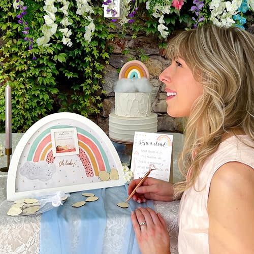 Boho Baby Shower Guest Book Alternative Rainbow Frame with 30 Wooden Clouds by Kate Aspen, Frame for Sonogram Picture, Rainbow Baby Shower Decorations & Keepsake, Nursery Decor