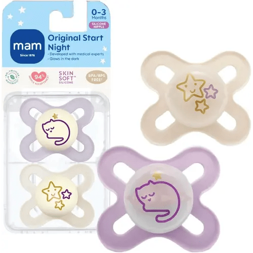 MAM Original Start Night Baby Pacifiers, Binky for 0-3 Months, BPA-Free Silicone Nipple, Easy to Clean, Best for Newborn Babies, Developed with Medical Experts, 2 Count Binkies with Sterilizer Case