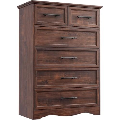 Walnut Farmhouse Dresser for Bedroom, Modern 6 Chest of Drawers, 44" Tall Chest of Drawers with Brushed Metal Handle, Wood Closet Organizers and Storage Cabinet for Bedroom, Living Room, Hallway