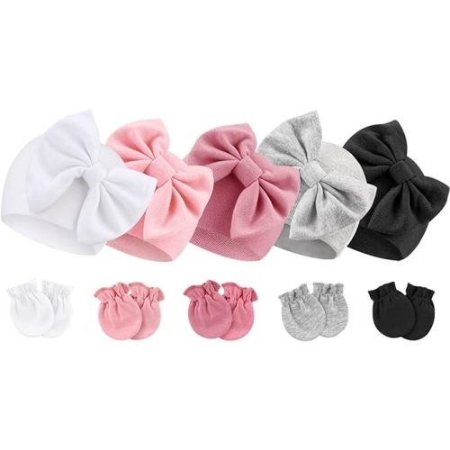 Newborn Baby Hats and Mittens Set Infant Bow Beanie Cap Toddler Gloves Newborn Hospital Hats for Baby Boy Girl 0-6 Months