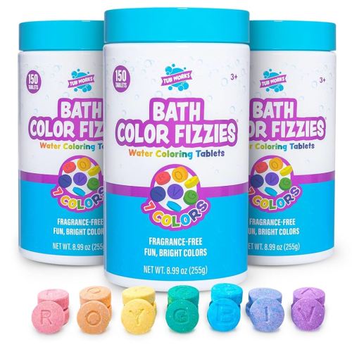 Tub Works® Bath Color Fizzies®, 150 Count, 3 Pack | Nontoxic & Fragrance-Free | Color Bath Drops Create Fun Bath Colors | Bath Color Tablets in 7 Colors for Variety | Bath Bombs for Kids Bath
