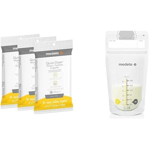 Medela Breast Pump Wipes 90 Count 3 Pack and 200 Count 6 Ounce Breastmilk Storage Bags Bundle