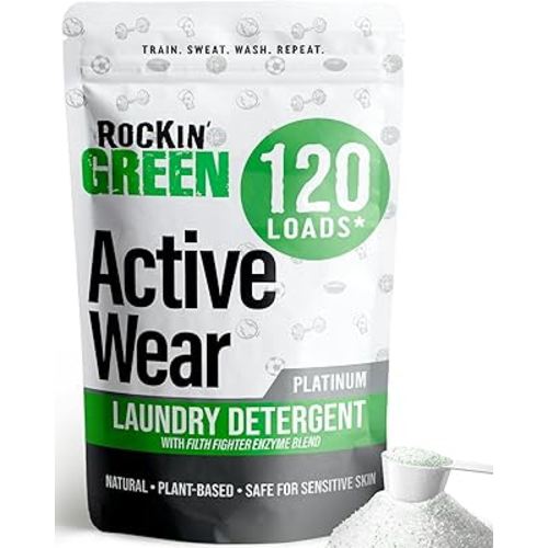 Rockin' Green Laundry Detergent, Plant based, All Natural Laundry Detergent Powder, Vegan and Biodegradable Odor Fighter, Safe for Sensitive Skin (Active Wear 120 Loads - Unscented)