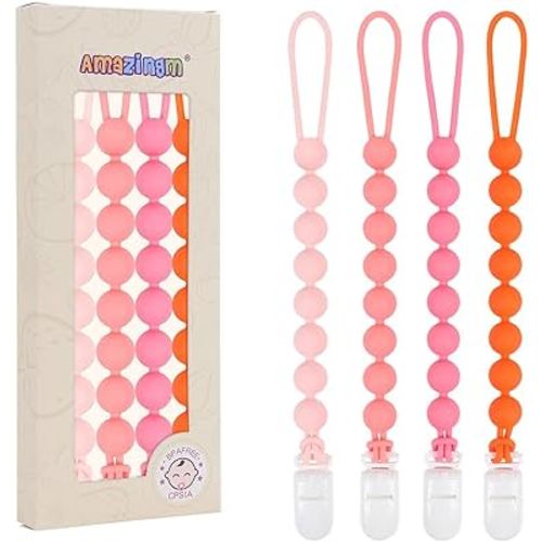 One Piece Design Silicone Pacifier Clip Holder for Baby Boys and Girls,Flexible Pacifier Leashes,Soft Teether Clip for Newborns,4-Pack. (Pink)
