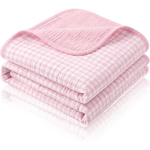 Breling Pink Checkered Muslin Baby Blanket for Girl Boy 40x36 Inch