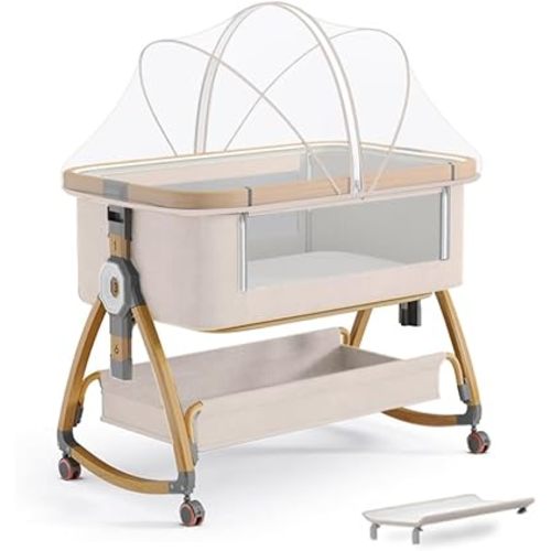 bonbay Baby Bassinet, Bedside Bassinet for Baby, 4 in 1 Portable Bassinet Bedside Sleeper with Wheels Mosquito Net & Storage Basket, 6 Height Adjustable Rocking Bassinet for Newborn Baby