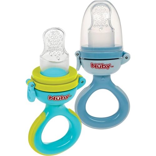Nuby Baby’s First Food Feeder - Soft Silicone Feeding Pouch with Hygienic Cover | for First Soft Foods and Teething | 2 Pack: Aqua & Blue | Twist n' Feed | Promotes Self Feeding |10+ Months