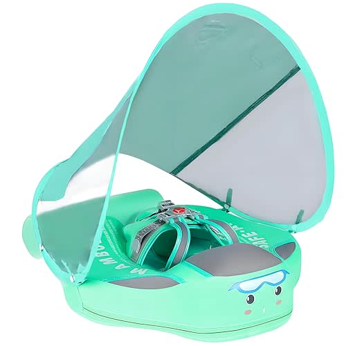 Mambobaby Float Add Tail No Flip Over Non-Inflatable Baby Swim Float Pearl Foam Solid Water Floats Smart Swim Trainer Infant Pool Float Swim Ring with Sun Canopy