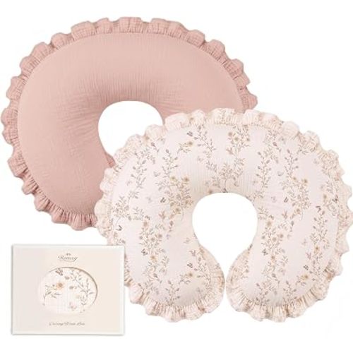 Konssy 2Pack 100% Muslin Cotton Soft Nursing Pillow Covers with Ruffle Trim