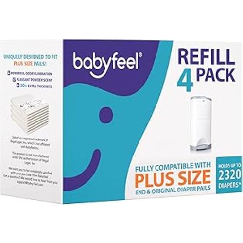 Babyfeel Refills Compatible with DEKOR PLUS Diaper Pails | 4 Pack | Exclusive 30% Extra Thickness | Diaper Pail Refills with Powerful Odor Elimination | Fresh Powder Scent | Holds up to 2320 Diapers