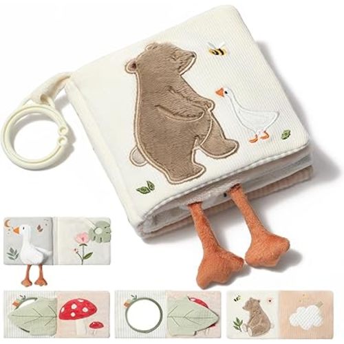 let's make Soft Baby Book, Sensory Crinkle Cloth Books for Babies 0-12 Months, Bear Goose Tummy Time Toy with Shatterproof Mirror, Squeaker, Food Grade Silicone Teether, Washable Stroller Newborn Gift