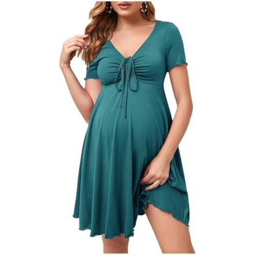 OYOANGLE Women's Maternity Bow Front Short Sleeve Dress V Neck A Line Pregnancy Casual Short Dresses