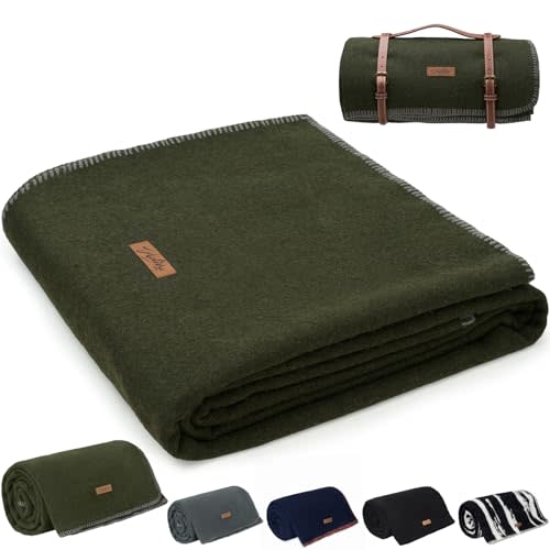 Molithe 100% Wool Blanket, 48" x 62", Warm, Thick, Washable, Military Wool Blanket, Great for Camping, Outdoors, Sporting Events, Survival Kits，Olive Green